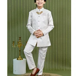 Ahhaaaa Viscose Woven Full Sleeves Geometric Shape Embroidered Sherwani & Pant Set - White-picture-38