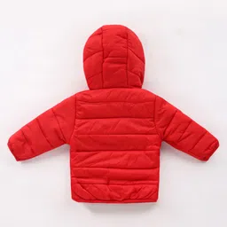 Babyhug Woven Full Sleeves Hooded Puffer Jacket with Dino Applique - Red image 2