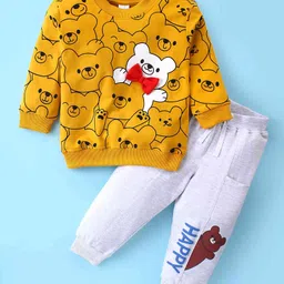Mark & Mia Terry Knit Full Sleeves Winter Wear Sweatshirt & Lounge Pant Set with Bear Print & Bow Applique - Yellow image 2