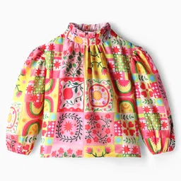 OLLINGTON ST. Cotton Poly Woven Slub Floral Printed Full Sleeves Top & Waffle Pant - Multicolor & Dark Olive Green image 2