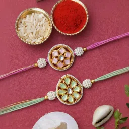 eCraftIndia Set of 2 Pink and Green Pearl, Kundan Floral Rakhis with Sibling Agreement & Roli Chawal image 3