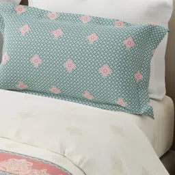 Layers Forever Blue & White Cotton Ethnic 120 TC Flat King Bedsheet with 2 Pillow Covers image 3