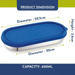 Magnus Easy Lock Oval Royal Blue Stainless Steel Container with Leakproof Lid 450 ml image 3