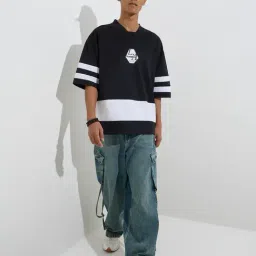 nuon men Nuon by Westside Black Colour-Blocked Relaxed-Fit T-Shirt image 3