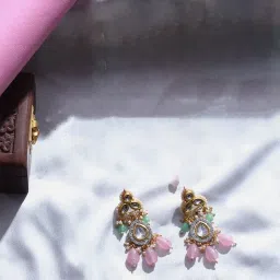 Dugran By Dugristyle Pink & Green Drop Earrings with Kundan & American Diamonds image 3