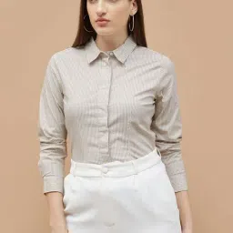 Code By Lifestyle Beige Cotton Regular Fit Striped Shirt-image-40