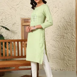 W Green Cotton Embroidered Straight Kurta image 3