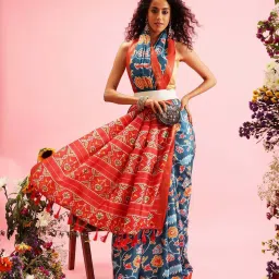 Silk Land Teal Blue & Red Silk Printed Saree With Unstitched Blouse image 3