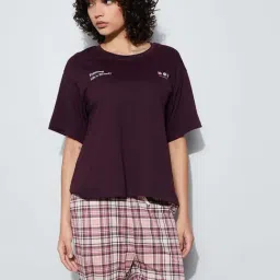 Ginger By Lifestyle Wine Cotton Regular Fit Printed Sleepwear T-Shirt-image-1