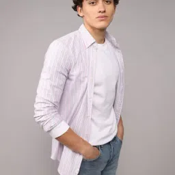 American Eagle Pink Cotton Slim Fit Striped Shirt-picture-13