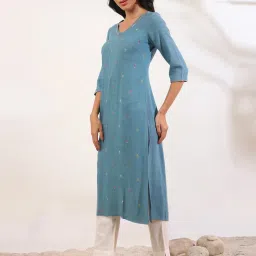 Aurelia Blue Pure Cotton Embroidered Kurta image 3