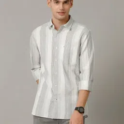 Cavallo By Linen Club Green Linen Slim Fit Striped Shirt-image-95