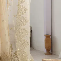 Saree Mall Cream Organza Embellished Saree with Blouse Piece image 5