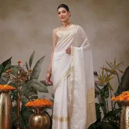 Silk Land Onam Special Off White Zari Woven Saree-image-37