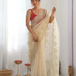 Saree Mall Cream Organza Embellished Saree with Blouse Piece-picture-39