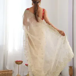 Saree Mall Cream Organza Embellished Saree with Blouse Piece image 3
