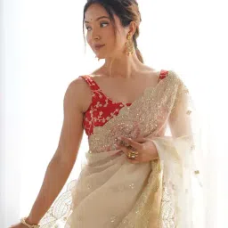 Saree Mall Cream Organza Embellished Saree with Blouse Piece image 4