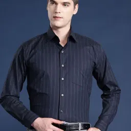 Hancock Navy Cotton Slim Fit Stripes Shirts-picture-40