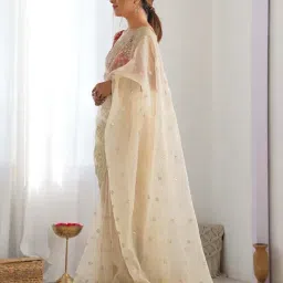 Saree Mall Cream Organza Embellished Saree with Blouse Piece image 2