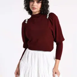 Showoffff Maroon Cotton Regular Fit Embellished Top-picture-16