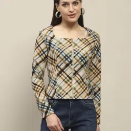 MADAME Beige Chequered Top-image-2