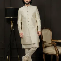 Vastramay Cream Regular Fit Self Pattern Sherwani Sets-picture-13