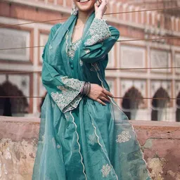 Shriyangan Women Ethnic Motifs Embroidered Kurta with Palazzos & Dupatta-image-35