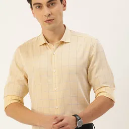 Peter England Men Beige Windowpane Checked Tailored Fit Formal Shirt-image-59