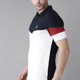 Roadster Men White  Navy Blue  Colourblocked Polo Collar Pure Cotton T-shirt image 3