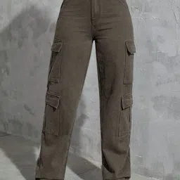 HERE&NOW Women Loose Regular Fit Mid-Rise Stretchable Cotton Cargos Jeans-picture-10