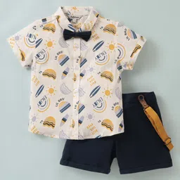 ToffyHouse 100% Cotton Half Sleeves Summer Theme Printed Shirt & Shorts with Quirky Suspenders & Bow - Navy Blue-picture-26