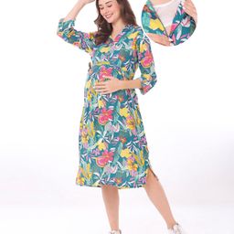 Bella Mama Woven Three Fourth Sleeves Maternity Dress with Floral Print - Multicolor-picture-46
