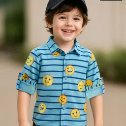 Babyhug Cotton Knit Full Sleeves Striped Shirt With Emojis Print - Light Blue-picture-13