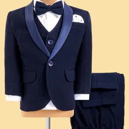 Robo Fry Lycra Knit Full Sleeves Solid Colour 4 Piece Party Suit with Bow - Navy Blue-picture-31