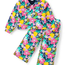 Babyhug Cotton Knit Full Sleeves Floral Printed Shirt Style Top & Lounge Pants Co-Ord Set - Multicolor-picture-10
