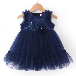 Babyhug Woven Sleeveless Fit & Flared Mesh Party Frock with Sequined Yoke Detailing & Floral Applique - Navy Blue-picture-20