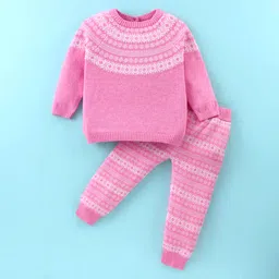 ToffyHouse Cotton Knit Full Raglan Sleeves Winter Wear Designed Sweatshirt & Lounge Pant Set - Pink-image-20