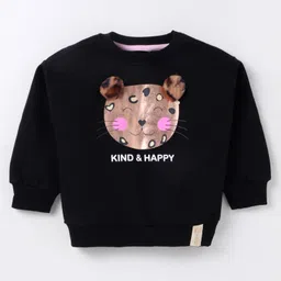 Little Kangaroos Cotton Knit Full Sleeves Sweatshirt with Foil Print & Pom Pom Applique - Black-picture-19