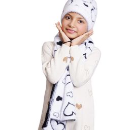 BHARATASYA Heart Knitted Faux Fur Pom Pom Detailed Cap & Muffler Set - Off White-picture-18