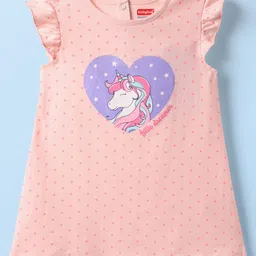 Babyhug Cotton Knit Frill Sleeves Nighty With Polka Dots & Unicorn Print - Pink-picture-26
