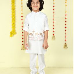 Ministitch Cotton Silk Woven Full Sleeves Solid Kurta & Pant With Animals Foil Printed Jacket Set - White-picture-0