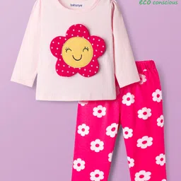 Babyoye 100% Cotton Elastane Knit Full Sleeves Night Suit With Floral Applique & Print - Pink-picture-12