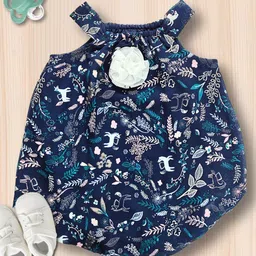 Creative Kids Georgette Woven Sleeveless Unicorn Printed Floral Applique Detailed Onesie - Navy Blue-picture-14