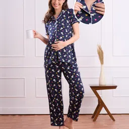 Bella Mama Women Cotton Knit Half Sleeves Front Open Nursing Night Suit with Bunny Print - Navy Blue-picture-24