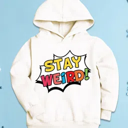 NUSYL Fleece Knit Full Sleeves Stay Weird Text Printed Light Winter Hoodie - White-picture-14