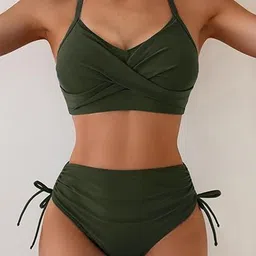 Women Fuzzy Shoulder Straps High-Waist Swim Bikini Set image 4