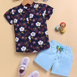 Toonyport Boys Floral Printed Shirt Collar Pure Cotton Shirt With Shorts-picture-30