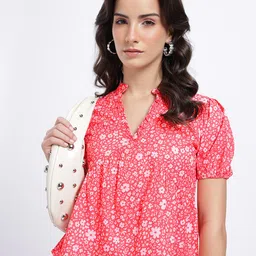 glitchez Floral Print Mandarin Collar Puff Sleeve Empire Top-image-84