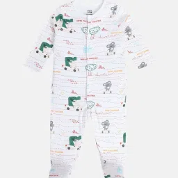 MINIKLUB Boys White & Brown Cotton Printed Full Sleeves Sleep Suit image 3