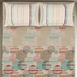 Spaces Geometry Brown 100% Cotton 144 TC Queen Fitted Bedsheet with 2 Pillow Covers image 3